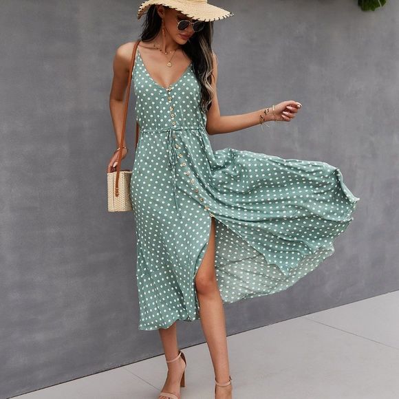 New Button Through Drawstring Waist Polka Dot Cami Dress Mint Green 226 - Picture 5 of 7